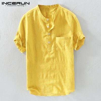 INCERUNเสื้อคอกลมผู้ชาย,เสื้อผ้าคอตตอน100% มีกระเป๋าสีพื้นเสื้อลำลองฤดูร้อน