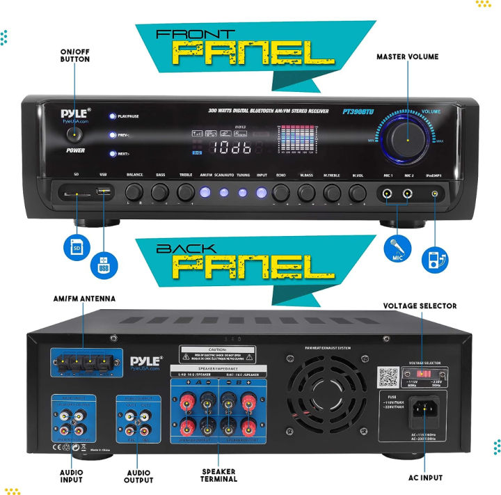 pyle-wireless-bluetooth-power-amplifier-system-300w-4-channel-home-theater-audio-stereo-sound-receiver-box-entertainment-w-usb-rca-3-5mm-aux-led-remote-for-speaker-pa-studio-pt390btu-black