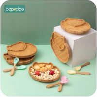 1set Baby Feeding Bowl Baby Dinner Plate Cartoon Sheep Bamboo Kids Feeding Dinnerware With Silicone Suction Cup Wooden Fork Spoo