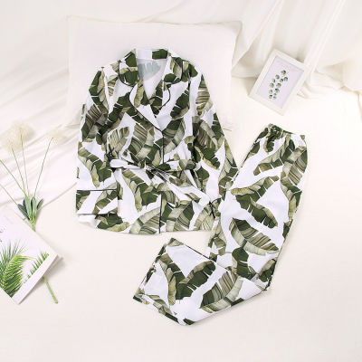 Restve Banana Leaf Women Robe Sets Long Sleeve Two Piece Set Sleepwear Satin Pajamas Tropical Graphic Bathrobe Home Suit Sets