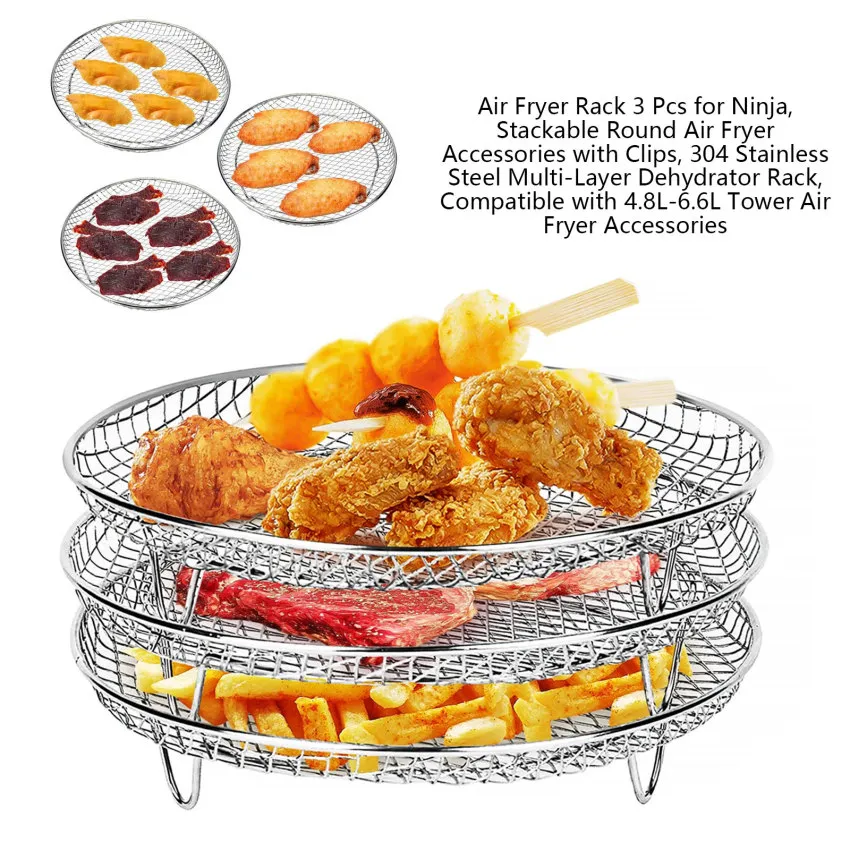 Deepened Air Fryer Rack 3 Pcs For , Stackable Round Air Fryer Accessories,  304 Stainless Steel Multi-layer Dehydrator Rack, Compatible With 4.8l-6.6l