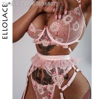 【CW】✐  Ellolace Erotic Set Floral Transparent Brief Sets 3 Piece Push Up Underwire and Panty