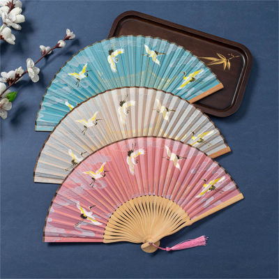 Home Decorative Fan Unique Crane Design Fan Chinese Style Folding Fan Crane Print Hand Held Fan Dance And Wedding Party Fan