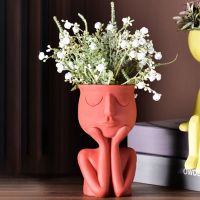 4 PCS Resin Human Think Face Statue Vase Abstract Artistic Ornament for Home Garden Decor Sculpture Plants Flower Pot