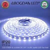 LED STRIP, K-AA5050-60-10000K IP20 DC24V ไฟริบบิ้นแอลอีดีเปลือย 60LED/1เมตร 14.4W/1เมตร BOGDAN LED ขาวอมฟ้า แอลอีดีไฟเส้น 300LED/5เมตร 72W/5เมตร