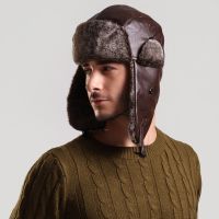 Bomber Hat with Ear Flap Mens Winter Faux Leather Fur Russian Earflap Trapper Cap Aviator Fleece Beanie Male