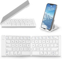 Samsers Foldable Bluetooth Keyboard - Portable Wireless Full Size Keyboard (Sync Up to 3 Devices), Ultra-Slim Aluminum Travel Folding Keyboard for iPhone iPad Mac Android Windows iOS, White &amp; Silver Snowy Silver