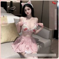 ∏❈™ OUYO Women Sexy Lingerie Erotic Lingerie Suspender Dress Cherry Plaid Pleated Skirt Pajamas Cosplay Costume Uniform Tem