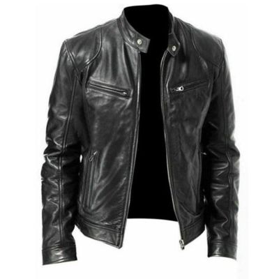 [ราคาถูก] US Mens Fashion Lambskin Leather Jacket Slim Fit Biker PU Jacket Coat