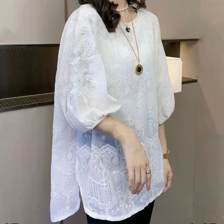european-goods-design-sense-heavy-industry-beads-shirt-womens-summer-new-western-style-slimming-puff-short-sleeve-lace-chic-top-2023