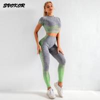 SVOKOR Women Seamless Yoga Set Stripe Printed Short sleeve Leggings Fitness Gym Clothes Sportswear Sport Suits Workout Pants