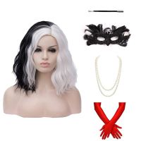 Anime Cruella De Vil Short Cruly Half Black And Half White Wavy Band Bangs Ladies Cosplay Wig Synthetic Halloween Wig + Wig Cap