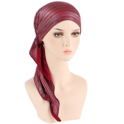 【YF】 2022 Female Stylish Baotou Cap Muslim Solid Color Two Tails Drawn Hat Simple All-match Hijabs Hats Turban Head Wide Band Wrap