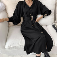 ONALIPPA Large Swing Dress Women 2021 Autumn French Retro Temperament V-Neck Single-Breasted Lace-Up Puff Sleeve Shirt Vestidos