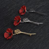 WKOUD 3D Red Poppy Flower Squid Brooch Pin Collar Corsage Gold Silver Black Pins Shirt Badge Vintage Jewelry Gift for Women