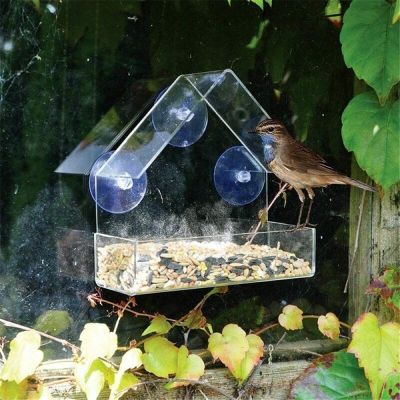 Window Bird Feeder House Shape Weather Proof Transparent Tray Bird House Pet Feeder Suction Cup For Outside Garden