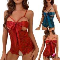 COD DSFGERTERYII Ged♥Women Crotchless Sexy Lingerie Cutout Floral Lace Bow Bodysuit with Adjustable Spaghetti Strap