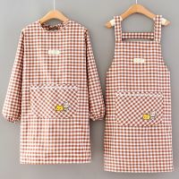 Japanese household kitchen cooking apron long-sleeved female cute catering work overalls overall corset grid