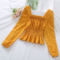 Autumn 2021 Korean womens bubble sleeves chiffon blouse long sleeve square collar