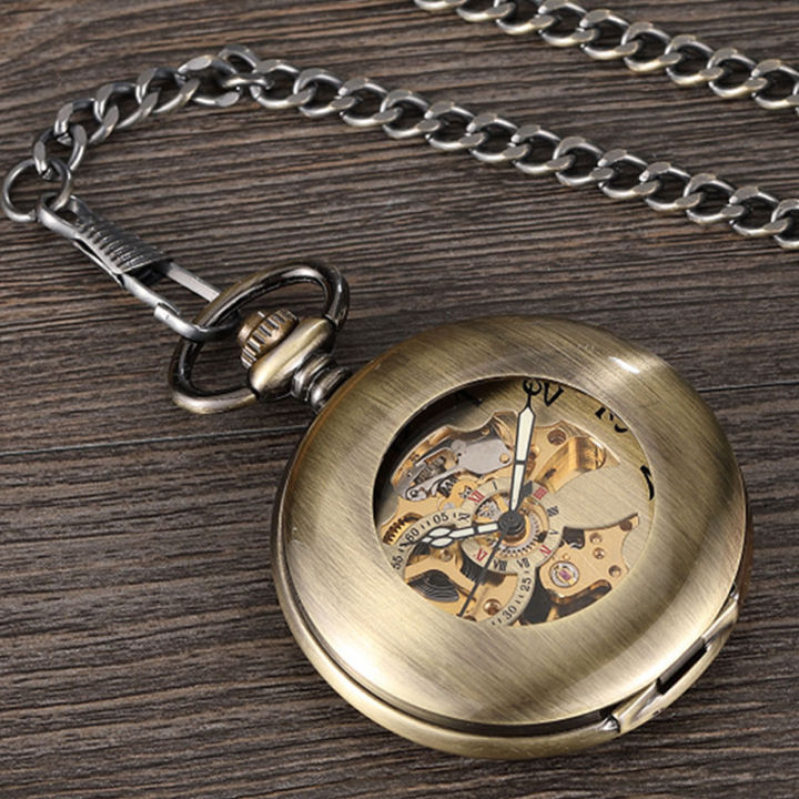 โซ่จี้นาฬิกาไอน้ำนาฬิกาพอคเก็ตชายกลไกลมมือโครงกระดูกทองแดงโบราณมีตัวเลขอารบิก