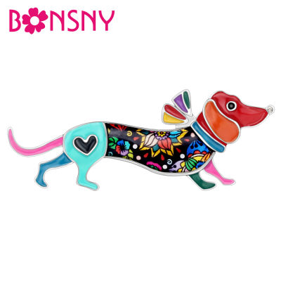 Bonsny Alloy Enamel Collar Dachshund Dog Brooches Pin Fashion Animal Jewelry For Women Girls Scarf Clothes Decoration Gift Charm