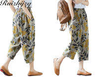 Ruizhijzg M-4XL Harem Pants Ladies Cotton Boho Beach Print Ankle Ninth Trouser Size