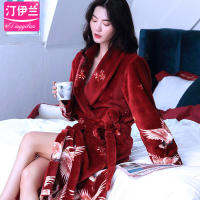 Fsyew74wgyi ผู้หญิง Nightgown ชุดนอนหนา Flannel Home Service เกาหลีรุ่นแขนยาว Coral Fleece Plus ขนาดฤดูใบไม้ร่วงและฤดูหนาวเสื้อคลุมอาบน้ำน่ารัก