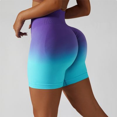 Gradient Seamless Yoga Shorts Gym Running Workout Tight Sports Shorts Womens High Waist Elastic Butt Lifting Fitness Pants