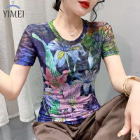 YIMEI เสื้อตาข่ายผู้หญิงแขนสั้น2023ใหม่เสื้อยืดผู้หญิงพิมพ์ลายนกกระเรียนสยายปีกกระชับสัดส่วนย้อนยุคแบบแขนสั้นคอกลมแฟชั่นของผู้หญิงสวยงาม