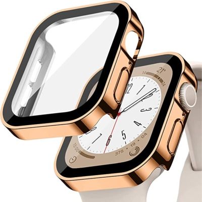 Glass+Case For Apple Watch 7 8 45mm 41mm 44mm 40mm PC straight edge Tempered Screen Protector Cover iWatch series 4 5 SE 6 7 8 Cases Cases