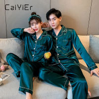 CAIYIER New Lovers Silk Pajamas Set Solid Long Sleeve Casual Sleepwear Winter Couple Nightwear Men &amp; Women Loungewear M-3XL