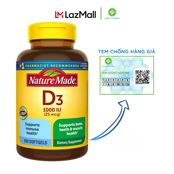 Viên Uống Bổ Sung Vitamin D3 Nature Made D3 1000 Iu 650 Viên Lazadavn 