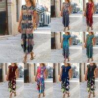 [COD] 2022 new and independent station cross-border short-sleeved print mosaic long dress elegant retro round neck