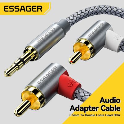 Essager kabel RCA 90 ° Jack 3.5 ke RCA kabel Audio 3.5mm Jack ke 2RCA Male Splitter Aux Cord untuk TV PC Amplifier DVD Speaker kawat