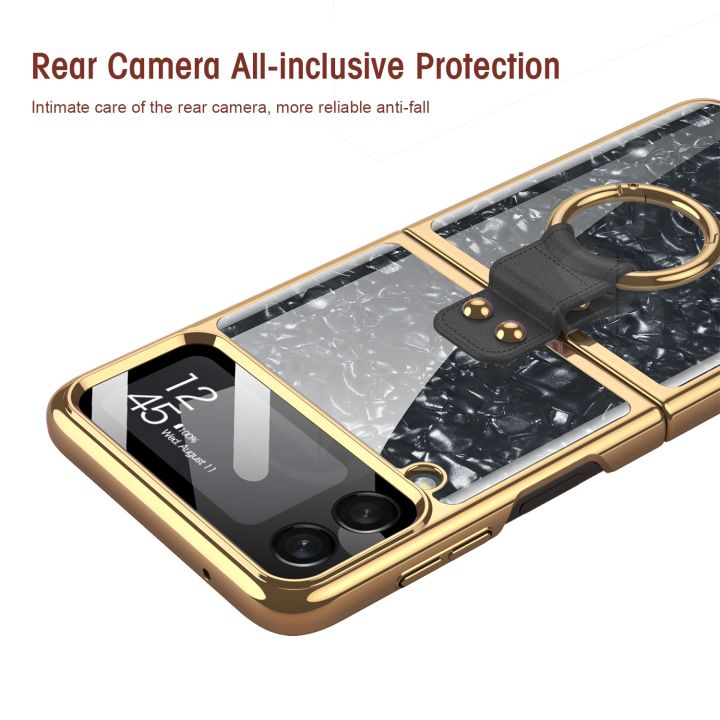 z-flip-4-case-finger-ring-plating-back-cover-for-samsung-galaxy-z-flip-4-5g-case-plastic-with-back-camera-lens-tempered-glass