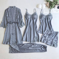 สีเทา Nightgown ชุดผู้หญิงลูกไม้ชุดนอนคอวีชุดนอนสูท Homewear ฤดูใบไม้ผลิชุดนอนเสื้อคลุมชุดนอนชุดนอน Pijama เสื้อคลุมหลวมๆ