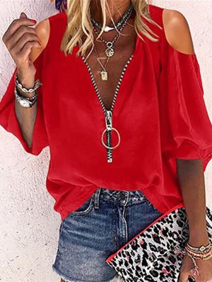Summer Solid Women Blouses And Tops Fashion Zipper V Neck 34 Sleeve Elegant Office Work Lady Shirts Oversize Casual Blouse