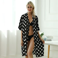 Spring Autumn Cotton Polka Dot Printing Women Pajamas Kimono Robe Nightgown V Neck Home Service Large Size Lace Bathrobe Clothes