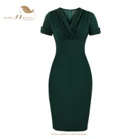 SISHION Ruched V คอสูงเอว Bodycon ชุดดินสอชุดสำนักงานผู้หญิงสีเขียวเข้ม Elegant Slim Fit Vintage Dresses VD3777