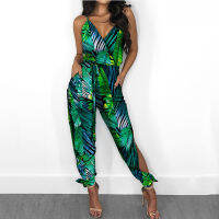 Holiday Beach Wear 2021 Summer Overalls V Neck Sleeveless Green Tropical &amp; Floral Print Slit Tied Detail Jumpsuit With Pockets