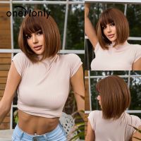 OneNonly Short Straight Wig with Bangs Brown Wigs Natural Synthetic Wigs for Women Daily Cosplay Heat Resistant Fiber Hair [ Hot sell ] TOY CENTER