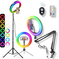 แหวนไฟเซลฟี่ RGB แหวนไฟ LED Selfie Lampu Fotografi Lampu dengan Pemegang Bergerak ขาตั้งสามขาวิดีโอ Youtube Live