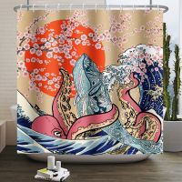 Japanese Ukiyo-e Painting Shower Curtain Kanagawa Whale Bathroom Curtain Shower Curtains Restroom Decor Waterproof With Hooks