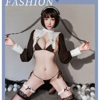 Sexy Lingerie for Woman Maid Uniform Nun Cosplay Costumes Hot Bikini Top Hollow Long Sleeve Ultra Short Clothing