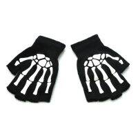 1คู่ฮาโลวีนยืดถักถุงมือครึ่งนิ้วฤดูหนาว Warm Luminous Glow In The Dark Skull Skeleton ขี่จักรยาน Mittens