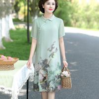 COD SDFGERTYTRRT Summer Chiffon Floral Vintage Dress Fashion Short Sleeve L-5XL Plus Size Women Midi Cheongsam