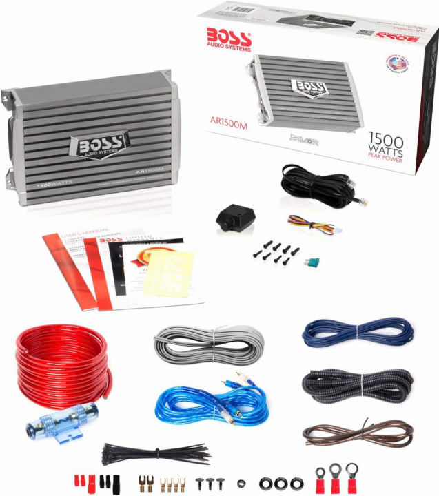 boss-audio-systems-ar1500mk-car-amplifier-and-8-gauge-wiring-kit-1500-watts-max-power-2-4-ohm-stable-class-ab-monoblock-mosfet-power-supply-remote-subwoofer-control-1500-watt-monoblock-with-install-ki