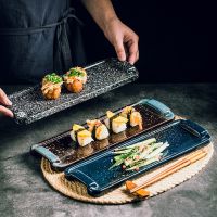 Japanese，ectangular sushi plate restaurant flat plate blue glazed surface high-grade dishes pendulum plates ceramic plates.