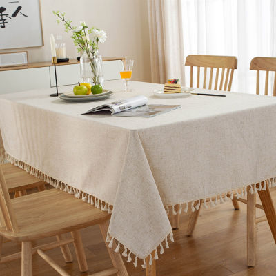 ผ้าปูโต๊ะสีทึบแบบเรียบง่ายสไตล์ญี่ปุ่นผ้าผ้าลินินเรียบลูกไม้ประดับบอลแต่งขอบแบบ4/6/8ผ้าปูโต๊ะสี่เหลี่ยมผืนผ้าเหมาะสำหรับโต๊ะชาผ้าผ้าคลุมกันฝุ่นไฟฟ้าหลายแบบ