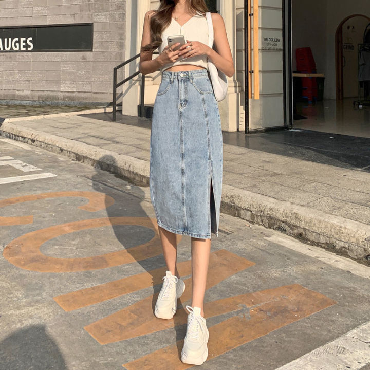 Women's Denim Skirt Wrap Sexy Midi Long Hip Summer Slit Korean High ...